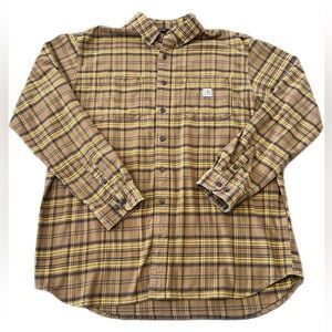 Carhartt Men's Yellow and Brown Plaid Rugged Flex Flannel Shirt